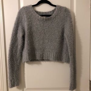 grey furry (cropped, depends on person) sweater